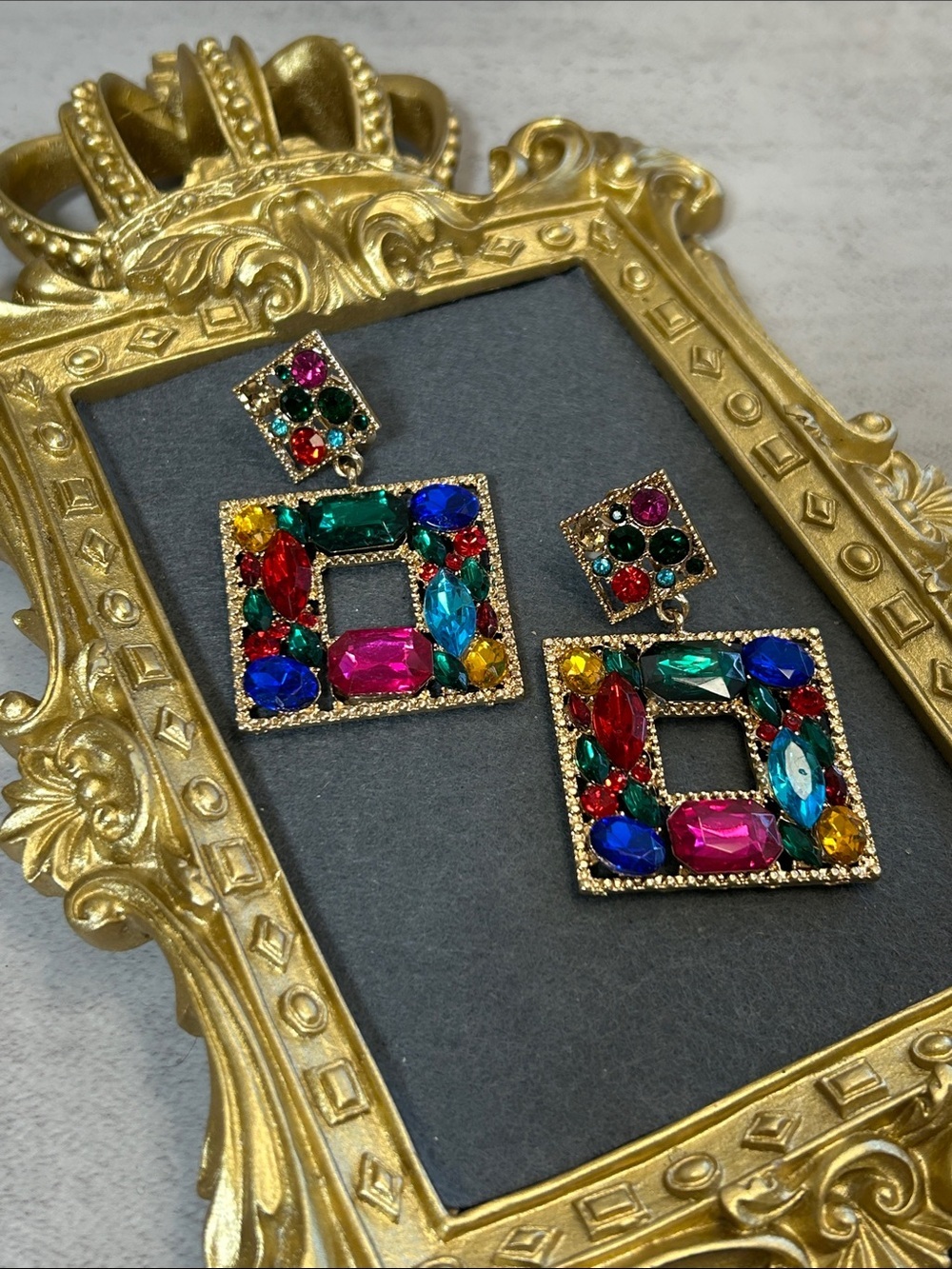 Multicolor Gem Square Drop Clip On Earrings